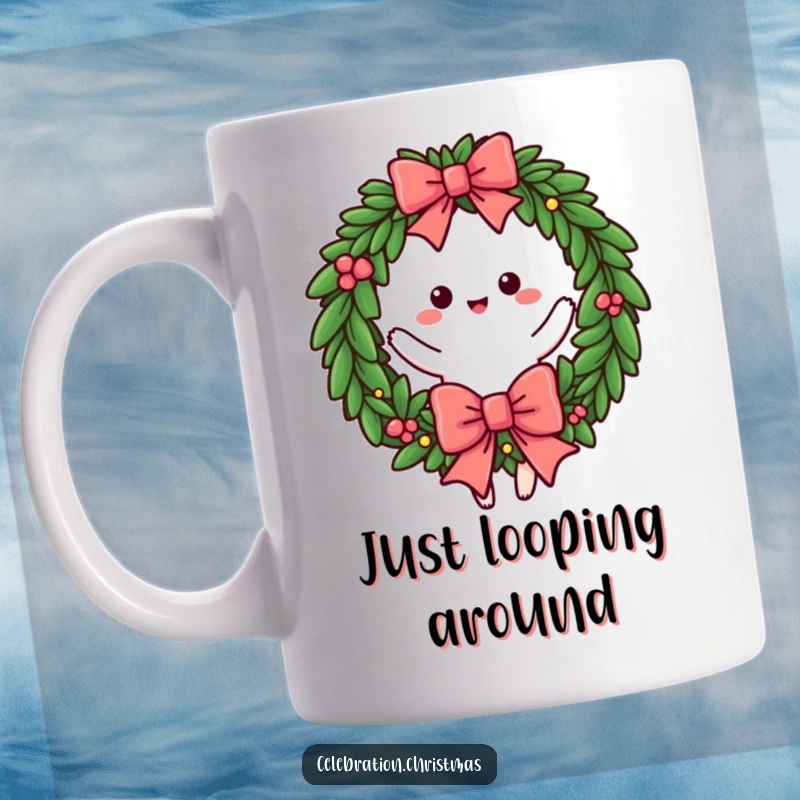 Funny mug featuring a cheerful wreath character in a joyful twirl with a big bow, conveying festive fun, funny gift.
