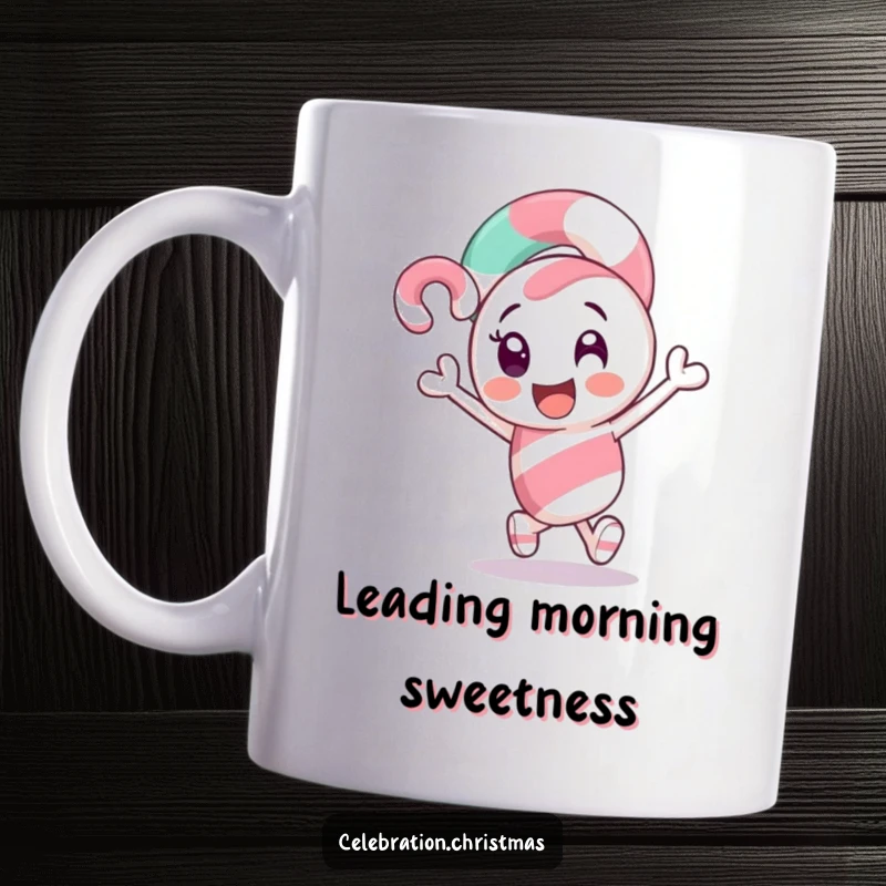 Funny Candy Cane Mug: A sweet candy cane character excitedly leading the way with festive energy.