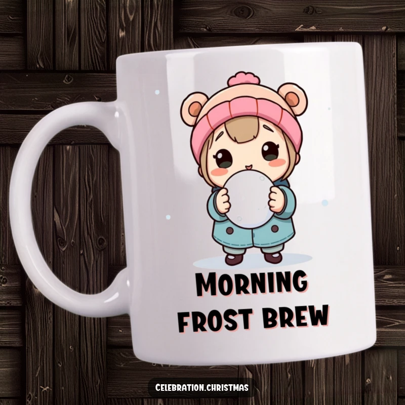 Funny ceramic mug showing a playful character holding a snowball, poised and ready for a fun, energetic throw, celebrating winter excitement.