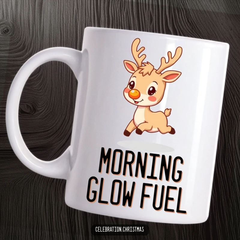 Funny reindeer mug with a glowing nose, prancing happily, embodying holiday magic and festive cheer, a perfect gift.