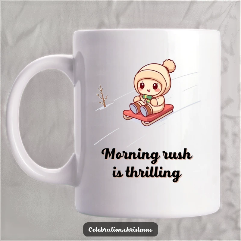 Funny kawaii character joyfully sliding down a snowy hill on a sled, depicted on a humorous mug.