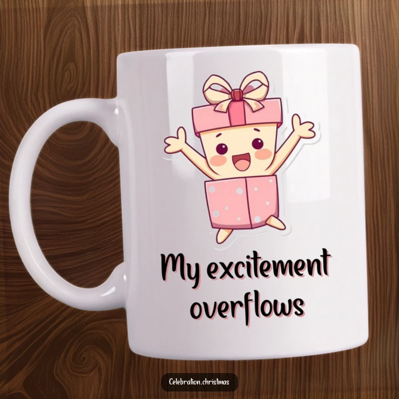 Funny mug of a gift box character jumping with extreme excitement, its ribbon comically askew, radiating pure joy and anticipation.