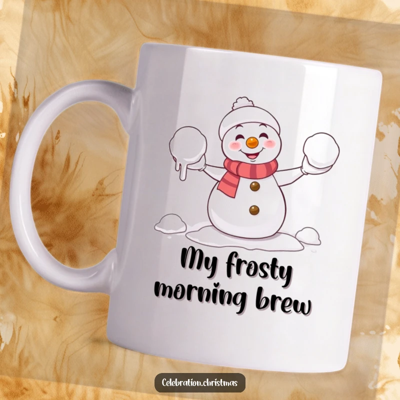 Funny Mug: Mischievous snowman comically juggling rapidly melting snowballs, a humorous take on winter's fleeting nature.