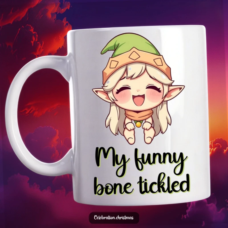 Funny elf hat mug with a character giggling uncontrollably, showcasing infectious holiday joy and a hilarious, lighthearted design.