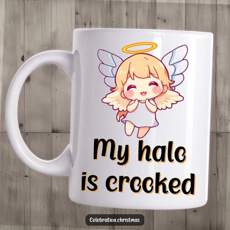 Funny angel character with large white wings joyfully flapping upwards, radiating happiness on a ceramic mug, perfect funny gift.