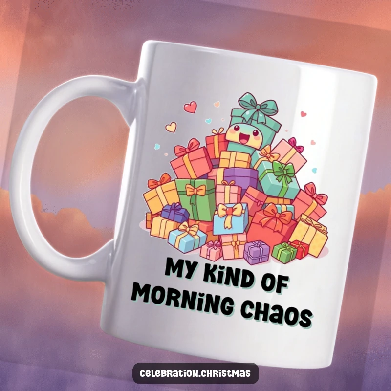 Funny Mug: Energetic pile of colorful presents comically bouncing with sheer excitement, a symbol of anticipation and joy.