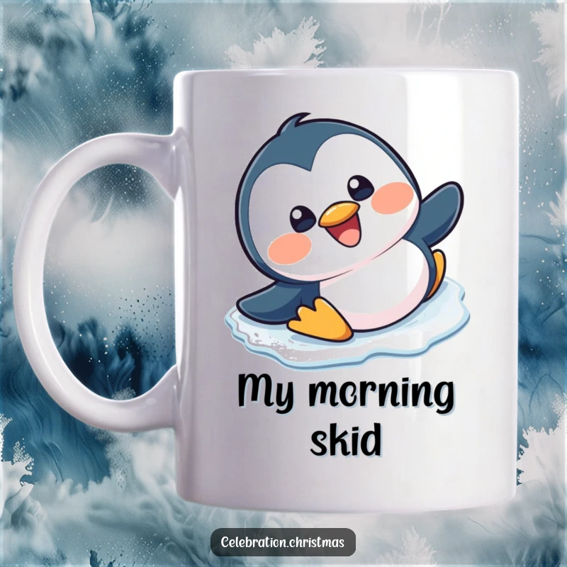 Funny, happy kawaii penguin slipping and sliding on ice with a big grin printed on a mug.