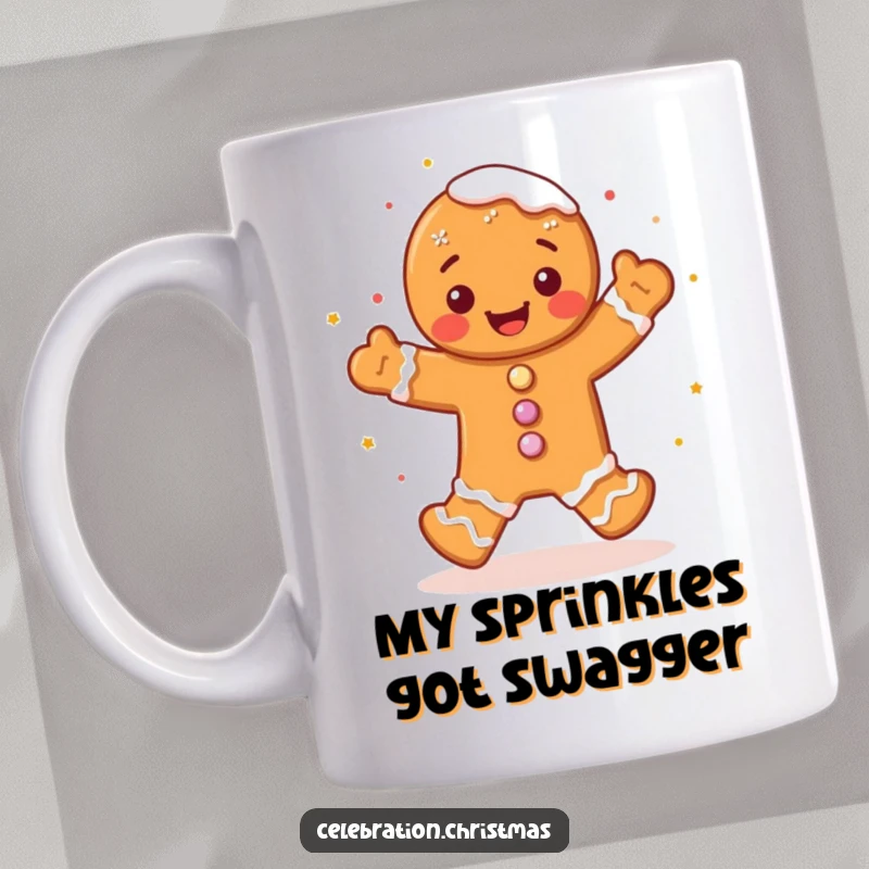 Funny gingerbread man mug doing a joyful jig with frosting sprinkles, spreading holiday cheer with every sip, a delightful Christmas gift.