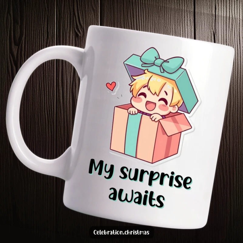 Funny ceramic mug depicting a cheerful gift box character joyfully popping open, revealing an exciting surprise inside, symbolizing fun and happiness.