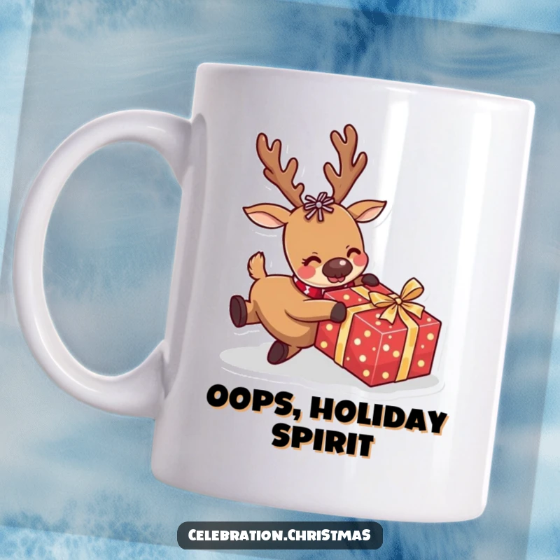 Funny reindeer mug with a clumsy character hilariously tripping over a wrapped present, perfect for holiday laughs and a great gift.