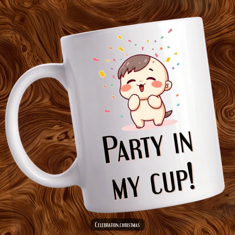 Funny kawaii character enthusiastically blowing colorful confetti into the air, depicted on a celebratory mug.