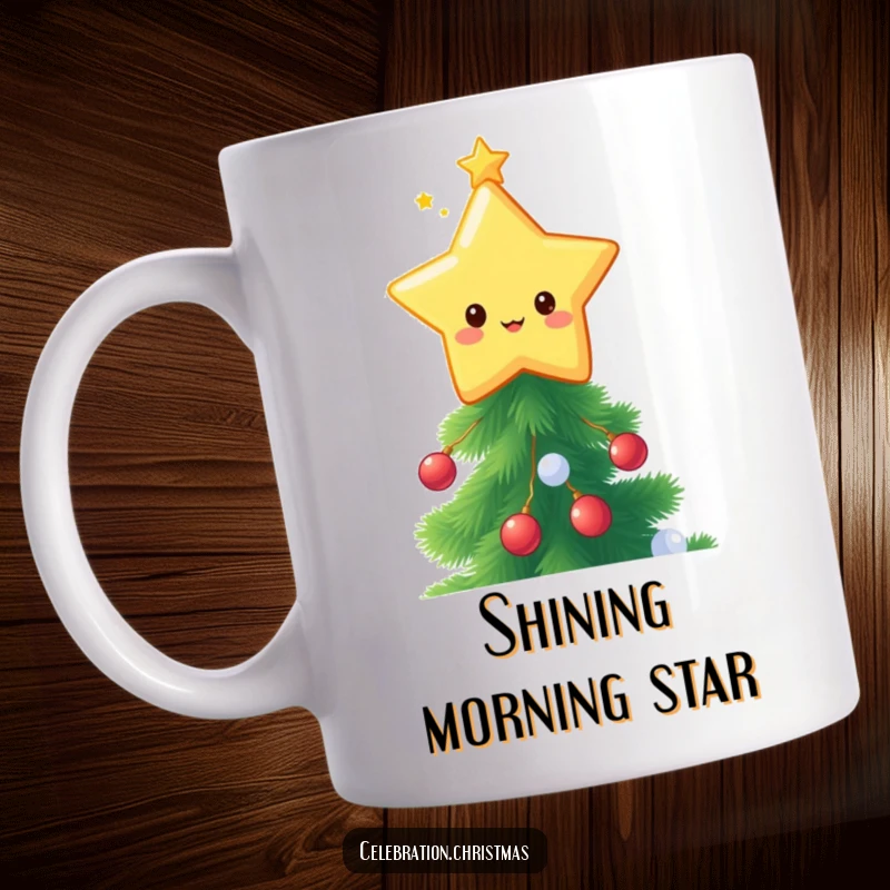 Funny kawaii star topper mug, a cute character twinkling brightly atop a beautifully decorated festive Christmas tree.