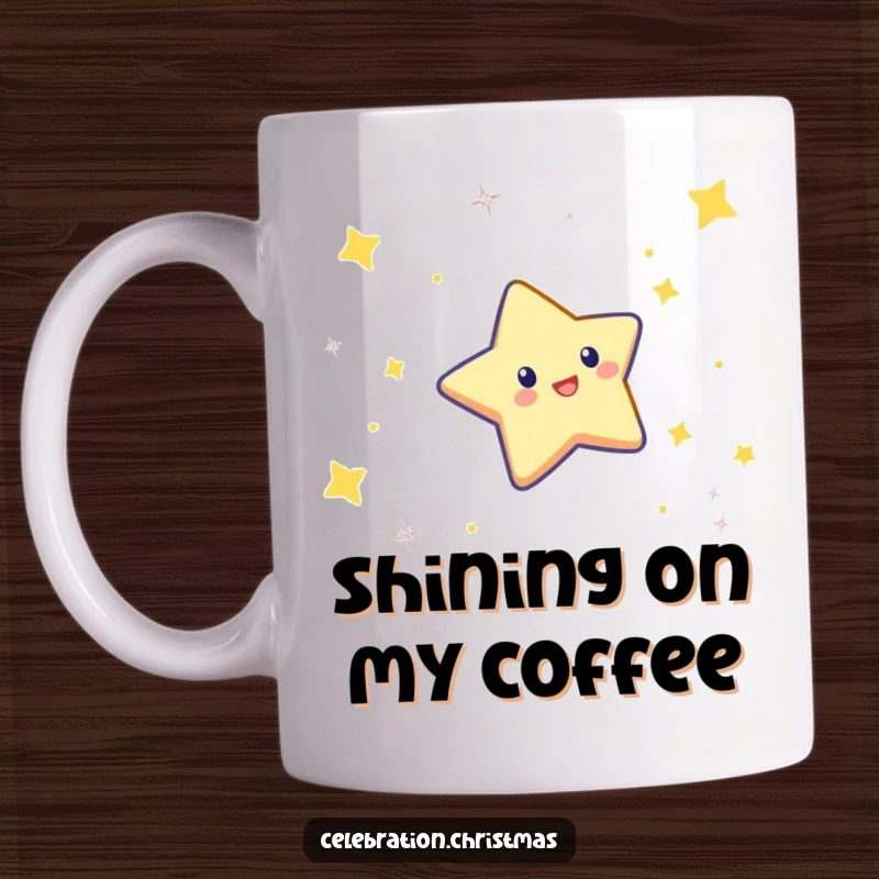 Funny mug featuring a twinkling star character doing a celebratory dive through the air, embodying joy and achievement.