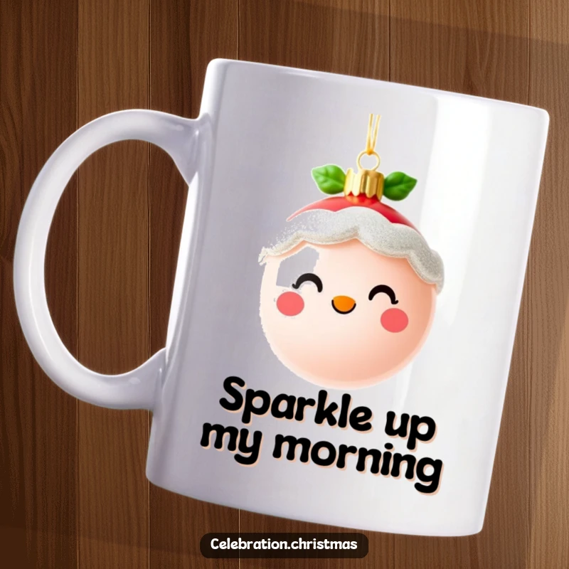 Funny Christmas ornament mug with a happy, sparkling face, spreading holiday cheer and making it a perfect funny gift.