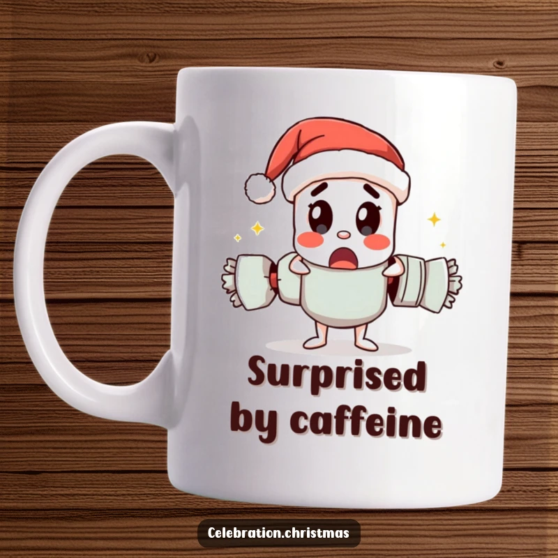 Funny mug featuring a Christmas cracker character pulling itself apart with a surprised expression, embodying holiday fun.