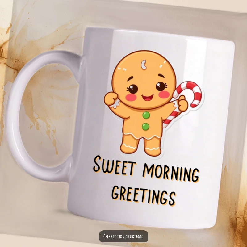 Funny Mug featuring a gingerbread cookie character joyfully waving a candy cane, embodying holiday sweetness and cheer.