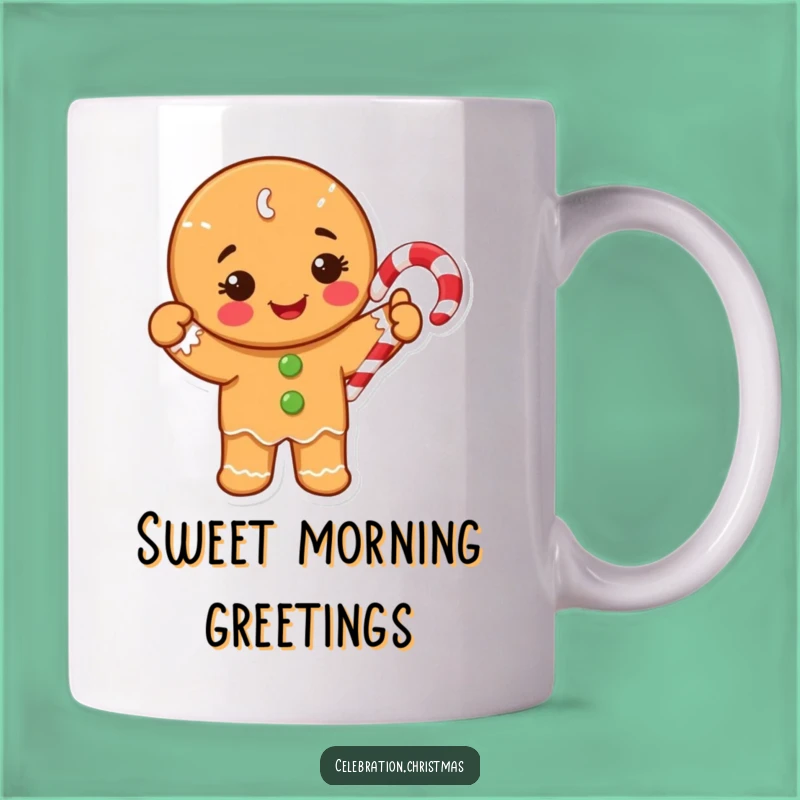 Funny Gingerbread Mug: Happy Cookie Waving Candy Cane Holiday Gift