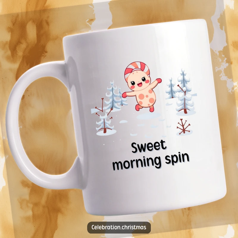 Funny kawaii candy cane mug showing a joyful character doing a cartwheel through snow, perfect for festive cheer.