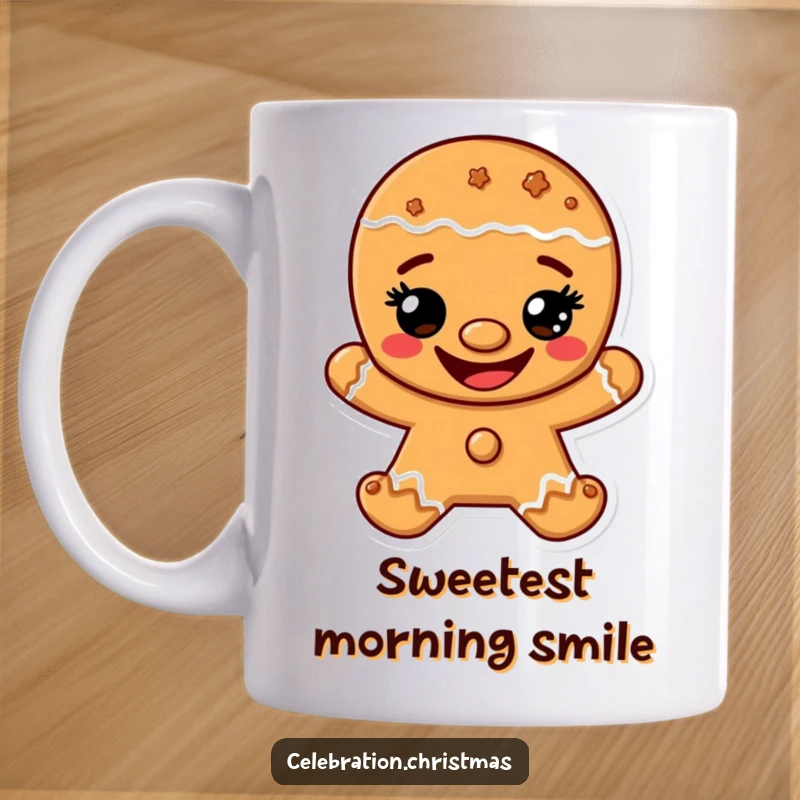 Funny mug featuring a cheerful gingerbread man character with a wide, irresistible cookie grin, spreading holiday cheer.