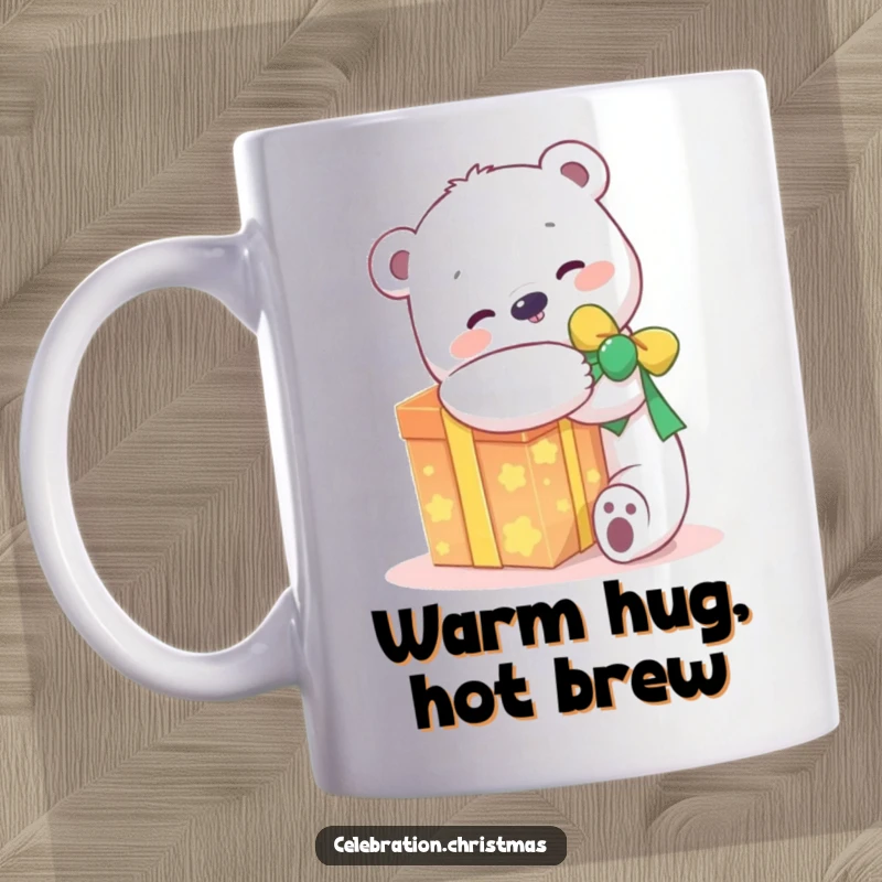 Funny kawaii polar bear mug featuring a joyful character hugging a glowing present, radiating happiness and warmth.