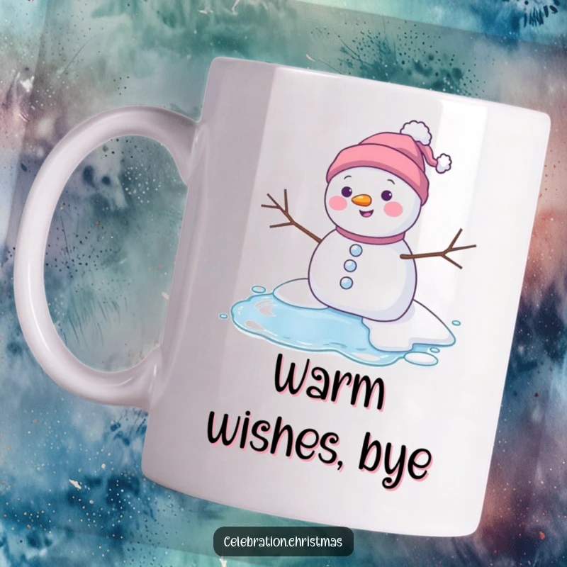 Funny melting snowman mug featuring a character happily turning into a puddle, capturing a humorous and slightly dark winter moment.