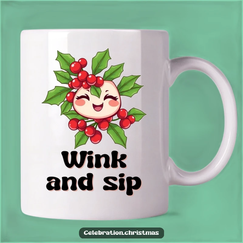 Funny Winking Holly Branch Mug - Cheerful Berry Design - Funny Holiday Gift