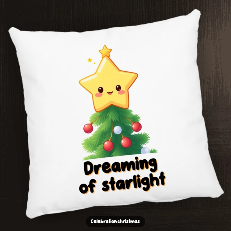 Funny kawaii star topper pillow, a soft cushion with a cute star character twinkling on a festive Christmas tree.