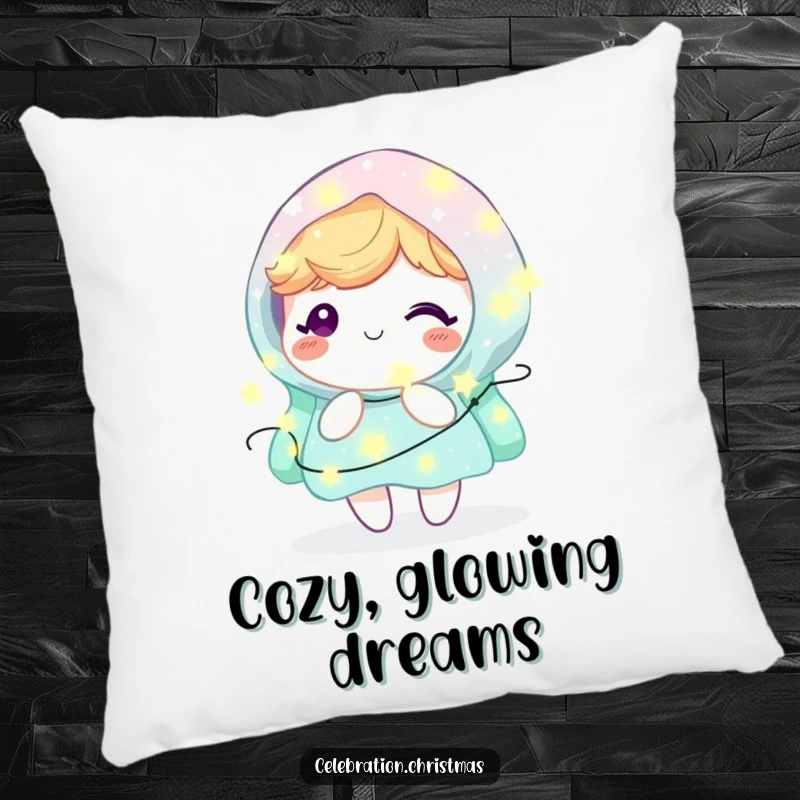 Funny Kawaii Character Pillow: A cute character looks blissfully happy, cozily wrapped in a warm, glowing embrace of fairy lights.