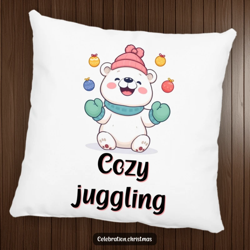 Funny Cute polar bear pillow wearing mittens, juggling festive baubles with a happy grin, perfect for relaxation.