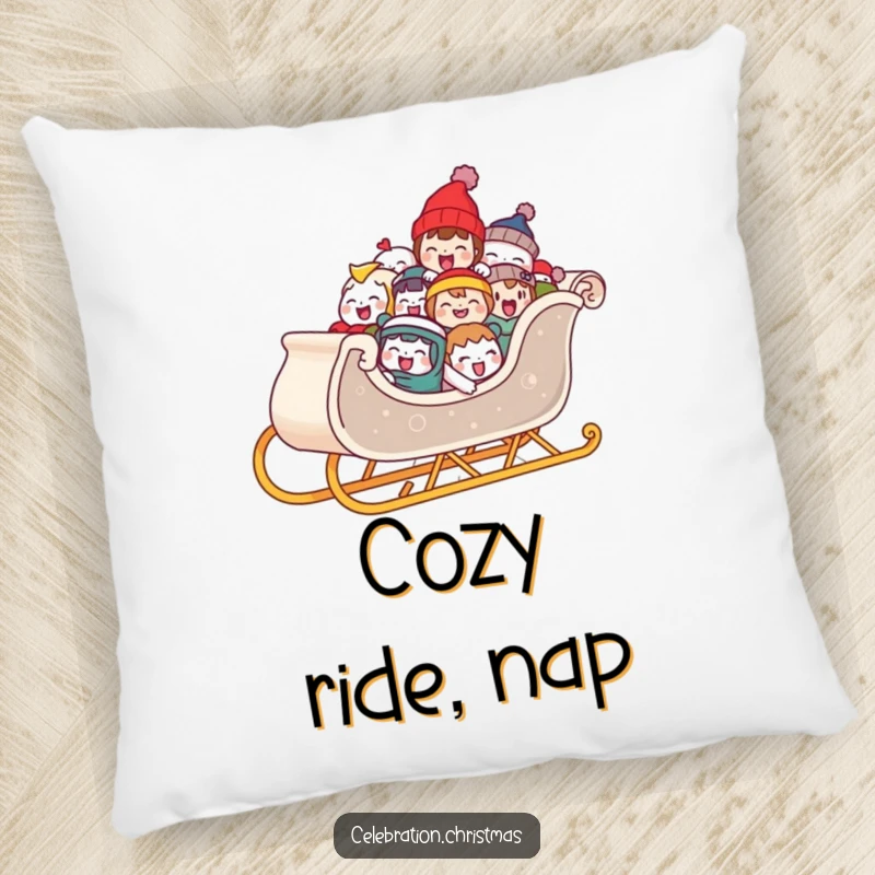 Funny decorative pillow with a sleigh piled high with laughing characters, designed for cozy comfort and festive holiday cheer.