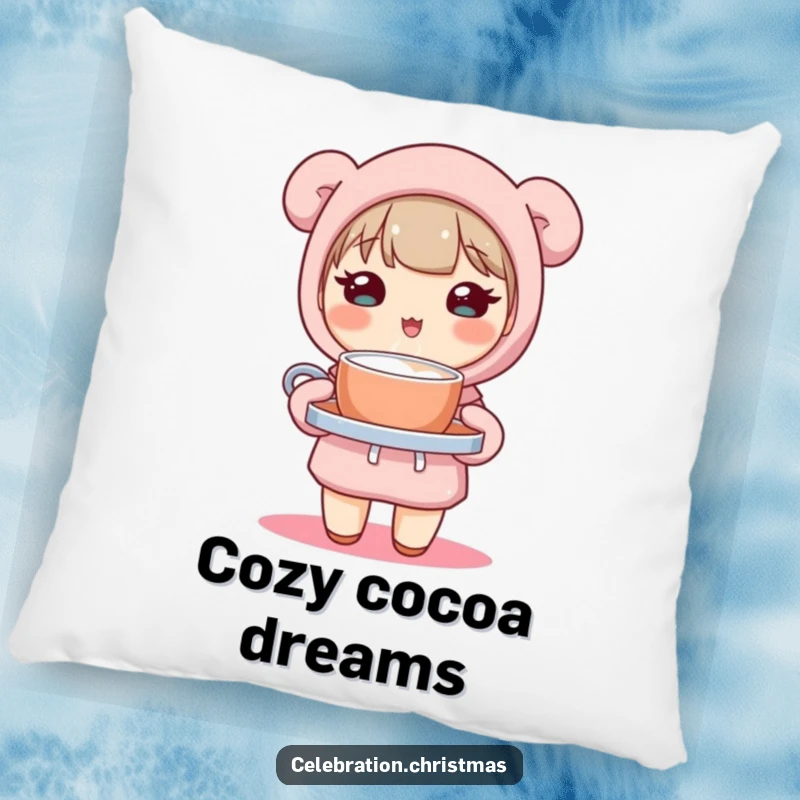 Funny pillow featuring a cute kawaii character holding a tray of steaming hot cocoa, perfect for adding adorable humor.