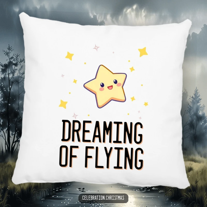 Funny pillow featuring a twinkling star character doing a celebratory dive, perfect for adding celestial comfort.