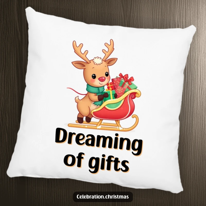 Funny pillow with a kawaii reindeer happily pulling a sleigh loaded with presents, bringing festive cheer and comfort to any room.