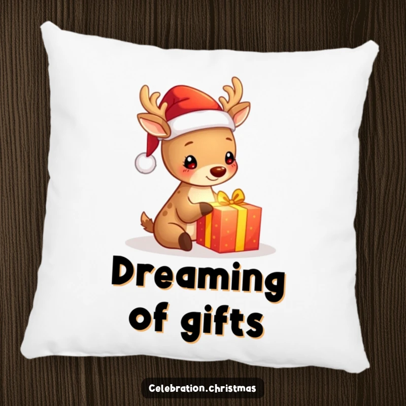 Funny pillow with a cute deer wearing a Santa hat, happily opening a luminous gift, offering comfort and holiday charm.