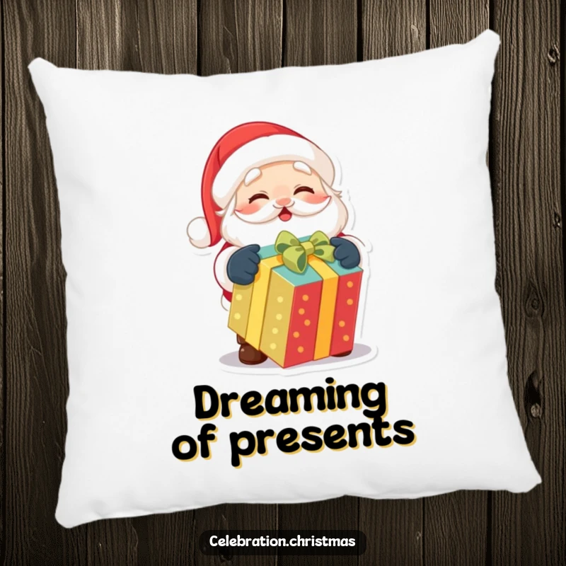 Funny pillow featuring a cute Santa Claus character joyfully unwrapping a colorful gift with wide-eyed excitement.