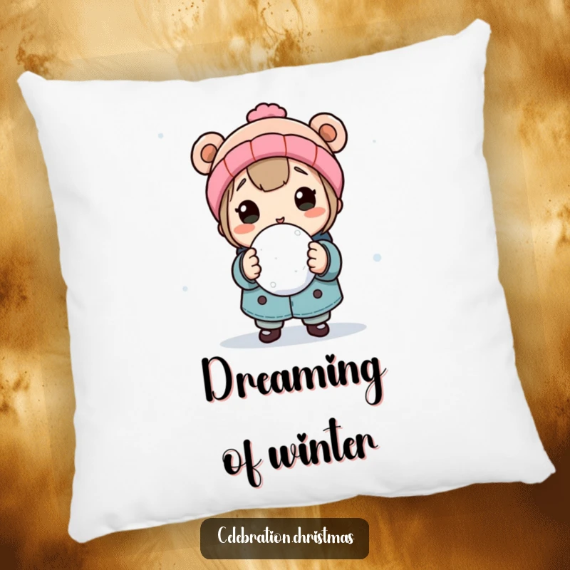 Funny decorative pillow with a character holding a snowball, ready for a playful throw, designed for cozy comfort and winter cheer.