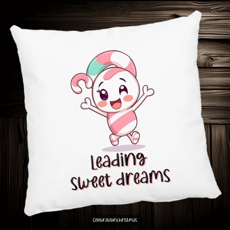 Funny Candy Cane Pillow: A sweet candy cane character excitedly leading the way, perfect for festive decor.