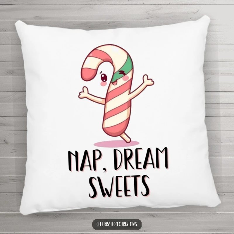 Funny cheerful candy cane pillow doing a little dance, adding festive comfort and a funny gift.