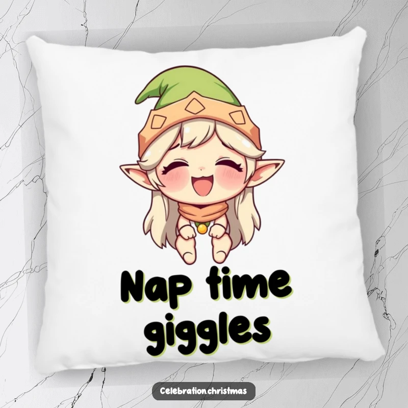 Funny pillow featuring a character in an elf hat, captured mid-giggle, offering comfort and a dose of hilarious holiday cheer.