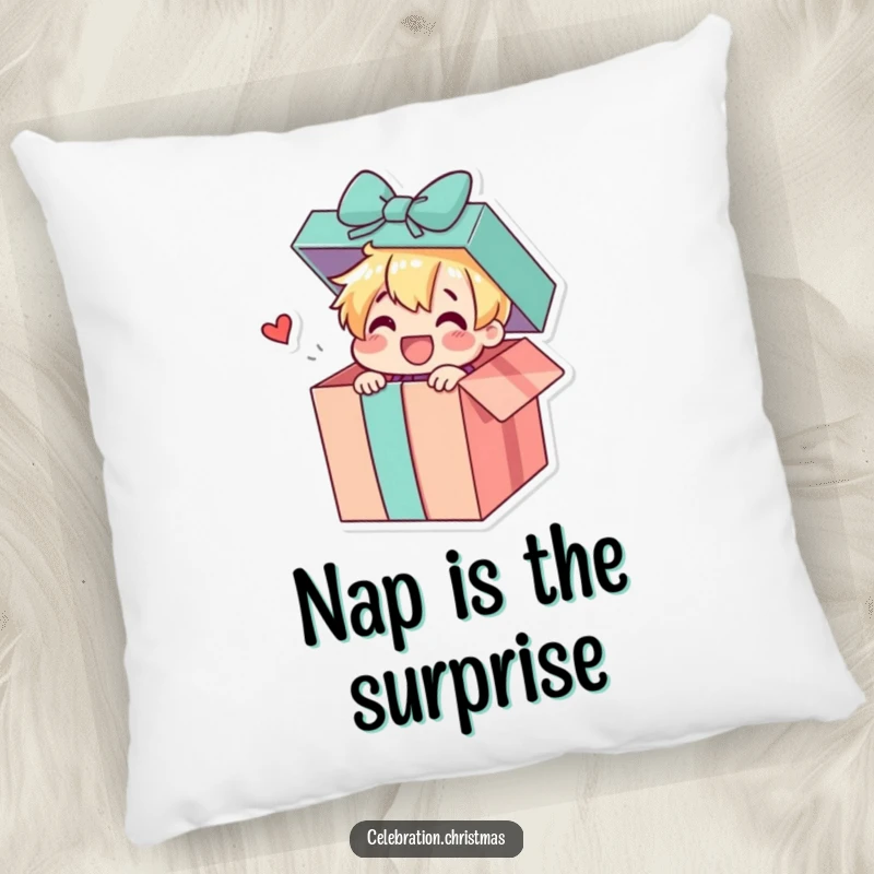 Funny decorative pillow with a gift box character joyfully popping open to reveal a surprise, designed for cozy comfort and cheerful vibes.