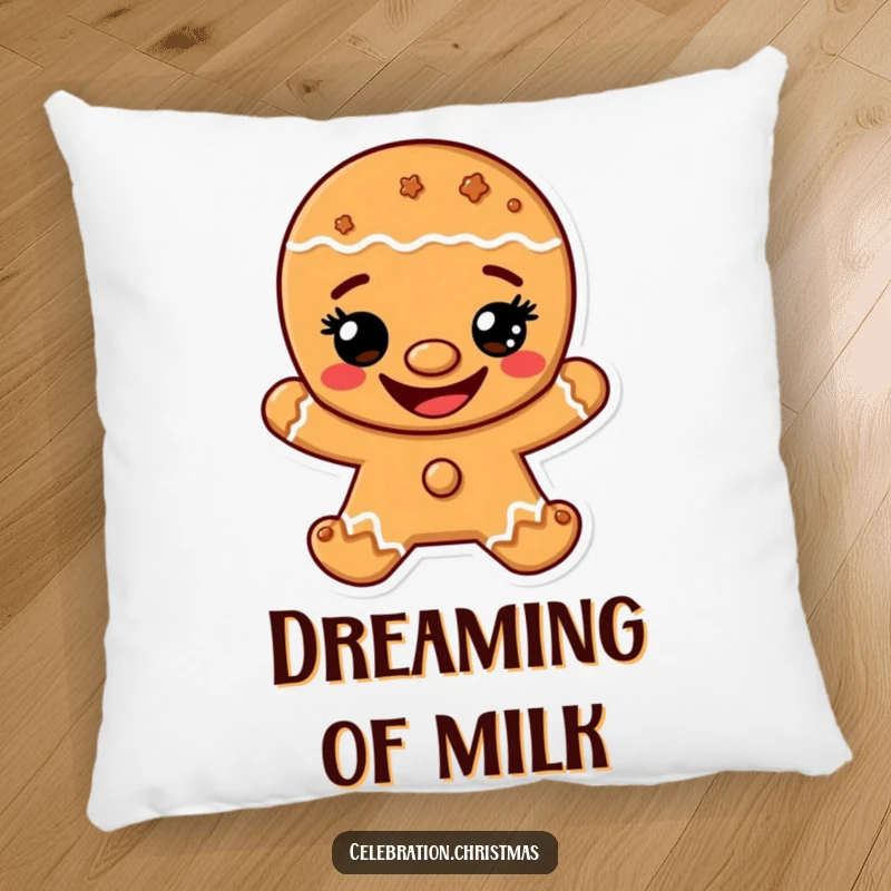 Funny pillow featuring a gingerbread man character with a wide, happy cookie grin, perfect for adding festive comfort.