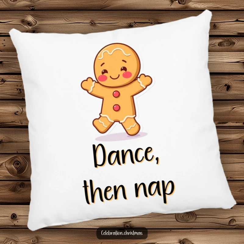 Funny gingerbread man pillow featuring a character doing a joyful jig, perfect for adding comfort and a touch of humor to any room.