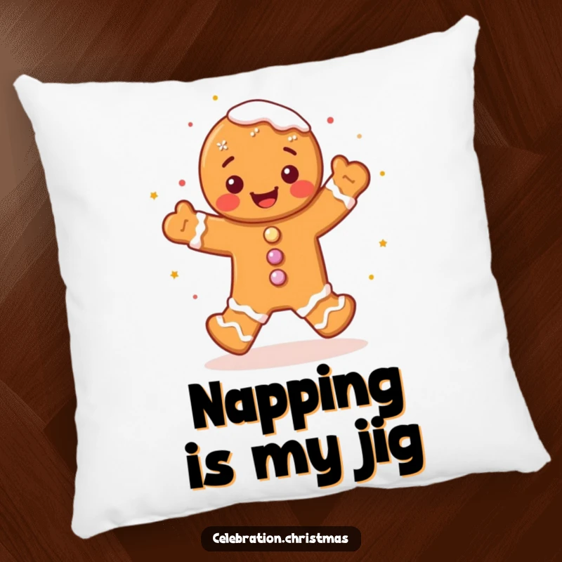 Funny gingerbread man pillow with a cute character performing a joyful jig, complete with frosting sprinkles, bringing smiles and coziness.