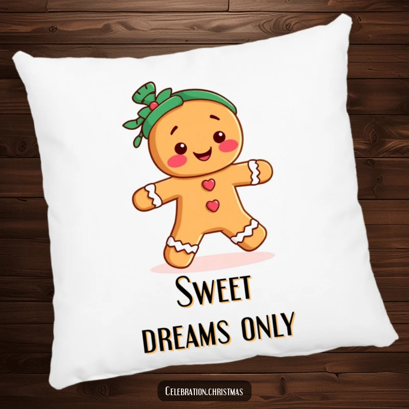 Funny decorative pillow featuring a cheerful gingerbread person character doing a merry jig, adding holiday spirit to any room.
