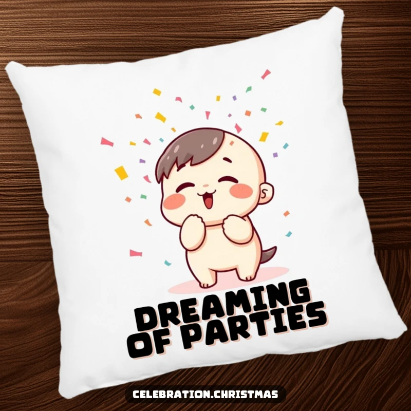 Funny kawaii character blowing colorful confetti with gusto, featured on a comfortable and decorative pillow.