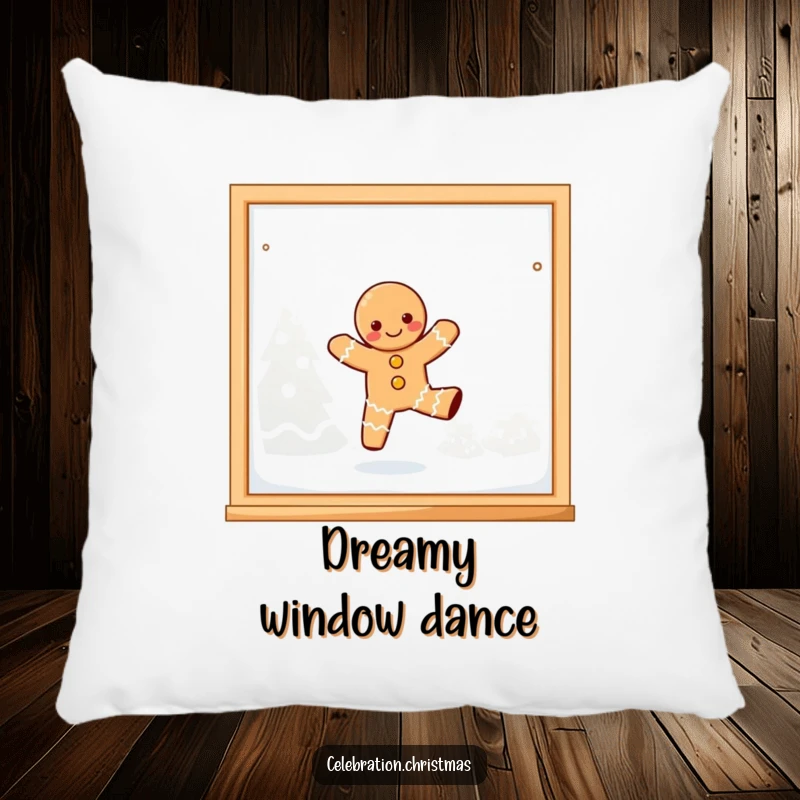 Funny, joyful kawaii gingerbread person playfully dancing on a frosted window pane on a soft pillow.