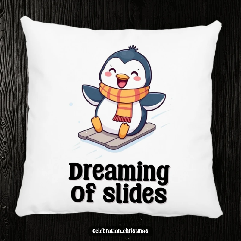 Funny Kawaii penguin pillow showing a cute penguin in a scarf sliding down a snowy hill, perfect for relaxation.