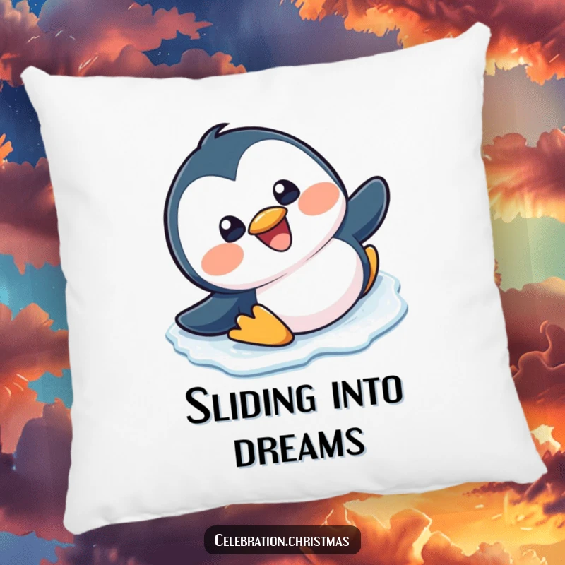 Funny, happy kawaii penguin slipping and sliding on ice with a big grin on a soft pillow.