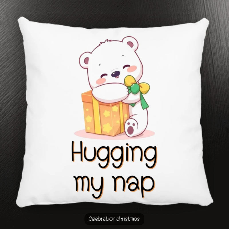 Funny kawaii polar bear pillow featuring a joyful character hugging a glowing present, perfect for adding comfort and cheer.