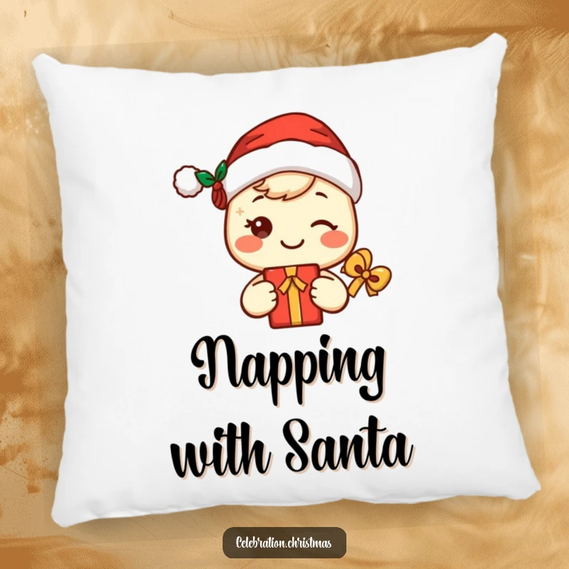 Funny kawaii Santa pillow showcasing a cute, smiling character in a Santa hat holding a gift, offering comfort and holiday cheer.